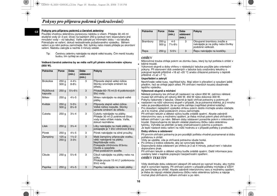 Samsung GE86N-B/XEH manual Pokyny pro přípravu pokrmů pokračování, Ohřev Tekutin 