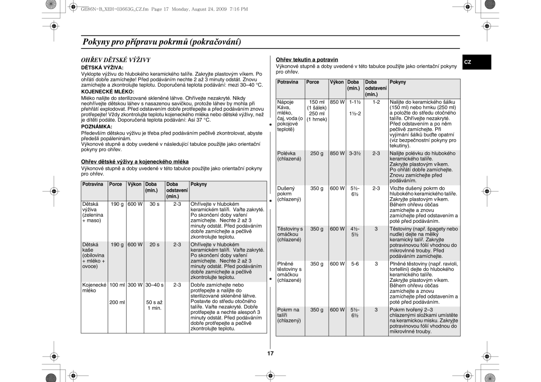 Samsung GE86N-B/XEH manual Ohřev Dětské Výživy, Dětská Výživa, Kojenecké Mléko, Poznámka 