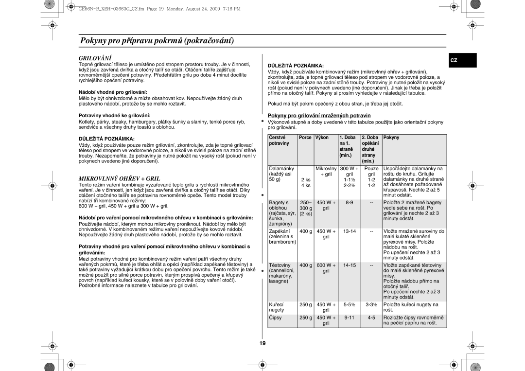 Samsung GE86N-B/XEH manual Grilování, Mikrovlnný Ohřev + Gril, Důležitá Poznámka 