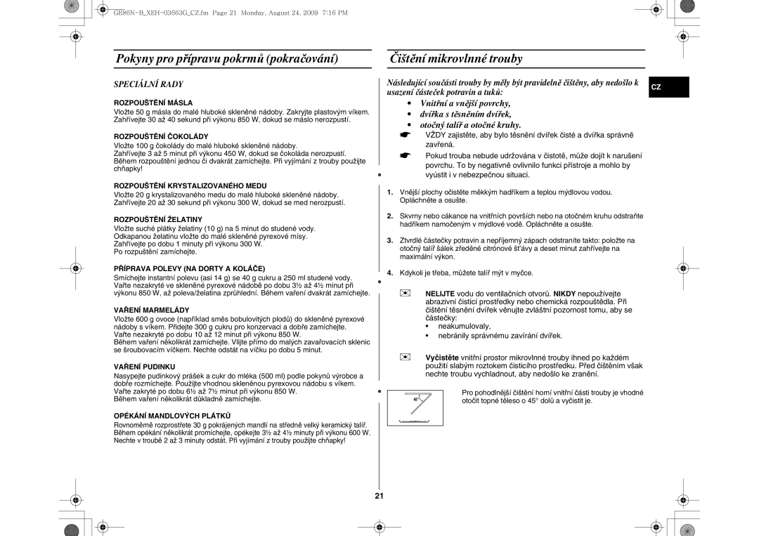 Samsung GE86N-B/XEH manual Čištění mikrovlnné trouby, Speciální Rady 