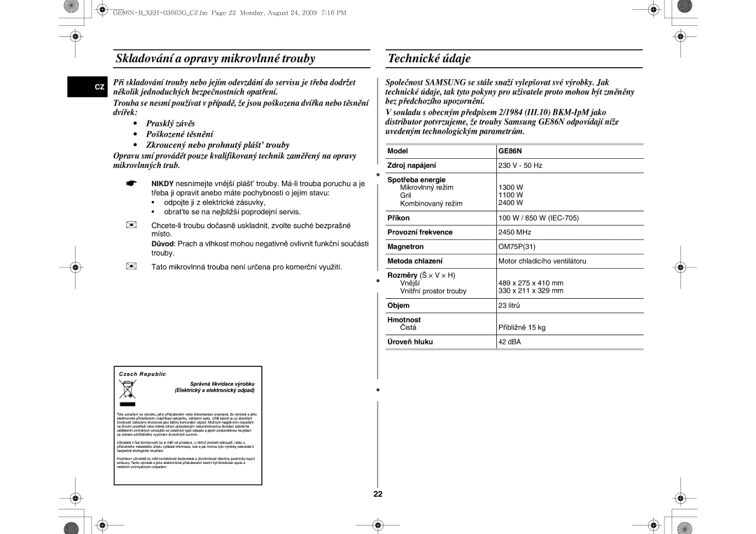 Samsung GE86N-B/XEH manual Skladování a opravy mikrovlnné trouby Technické údaje 