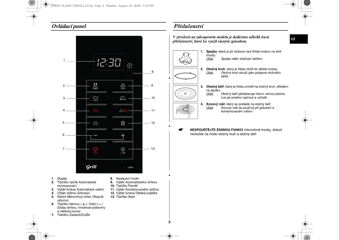 Samsung GE86N-B/XEH manual Ovládací panel Příslušenství 