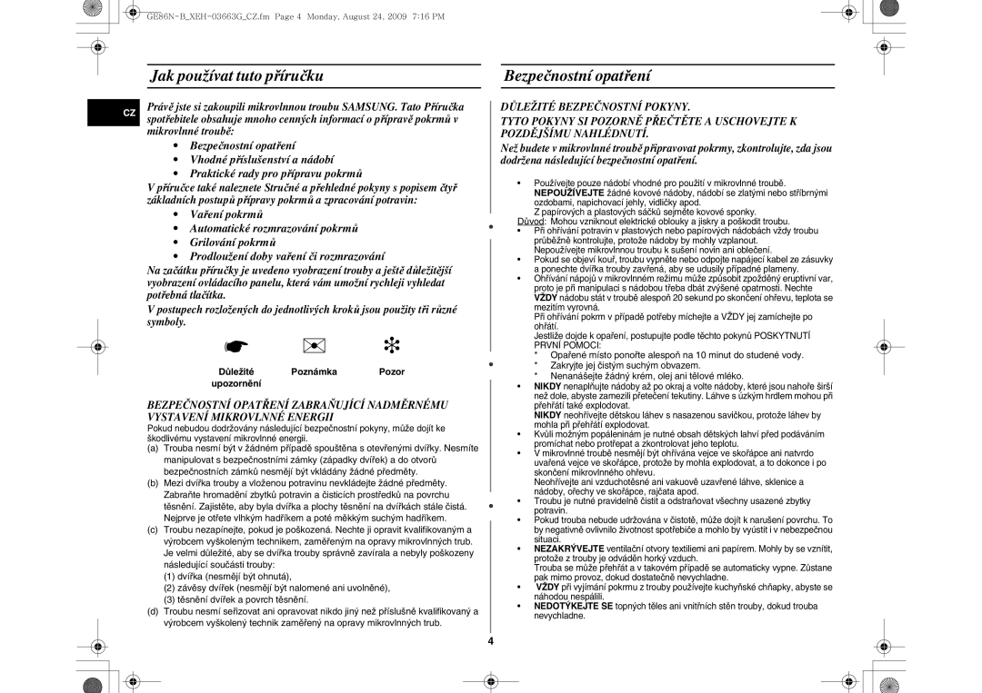 Samsung GE86N-B/XEH manual Jak používat tuto příručku Bezpečnostní opatření, Poznámka 