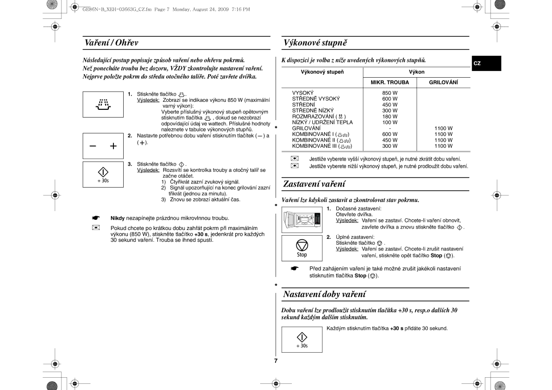 Samsung GE86N-B/XEH manual Vaření / Ohřev Výkonové stupně, Zastavení vaření, Nastavení doby vaření 