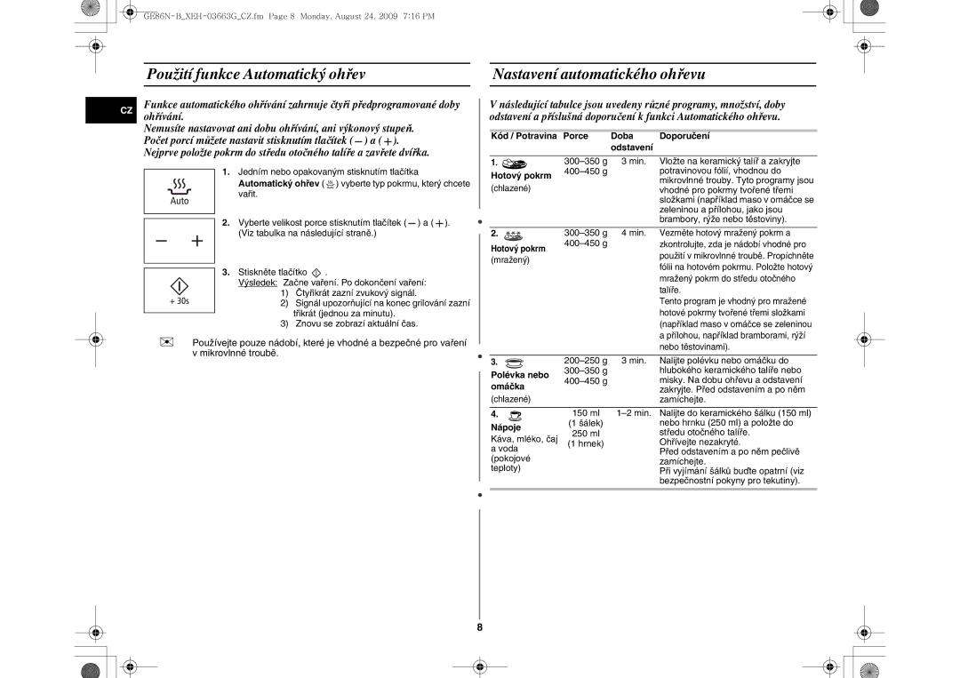 Samsung GE86N-B/XEH manual Kód / Potravina Porce Doba Doporučení Odstavení, Hotový pokrm, Polévka nebo, Omáčka, Nápoje 