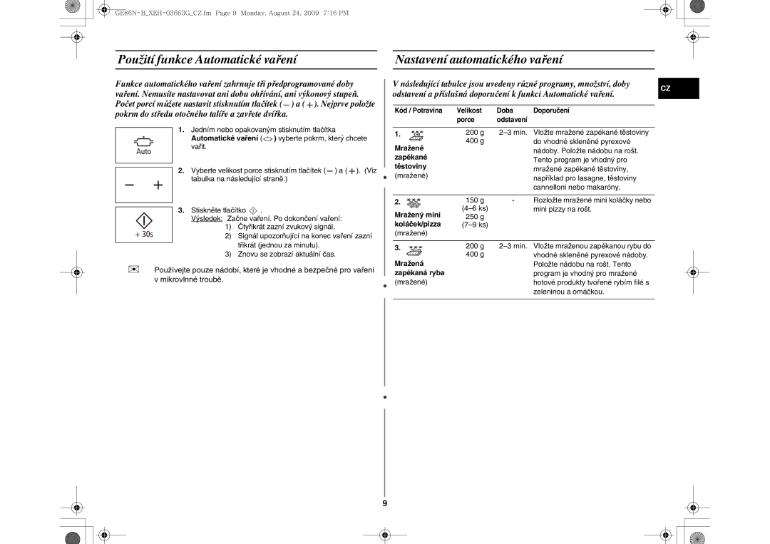 Samsung GE86N-B/XEH manual Mražené, Zapékané, Těstoviny, Mražený mini, Koláček/pizza, Mražená, Zapékaná ryba 