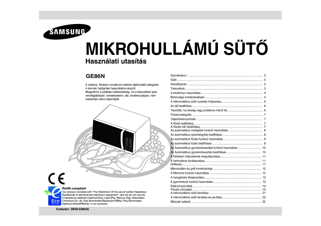 Samsung GE86N-B/XEH manual Mikrohullámú Sütő, Kódszám DE68-03663G 