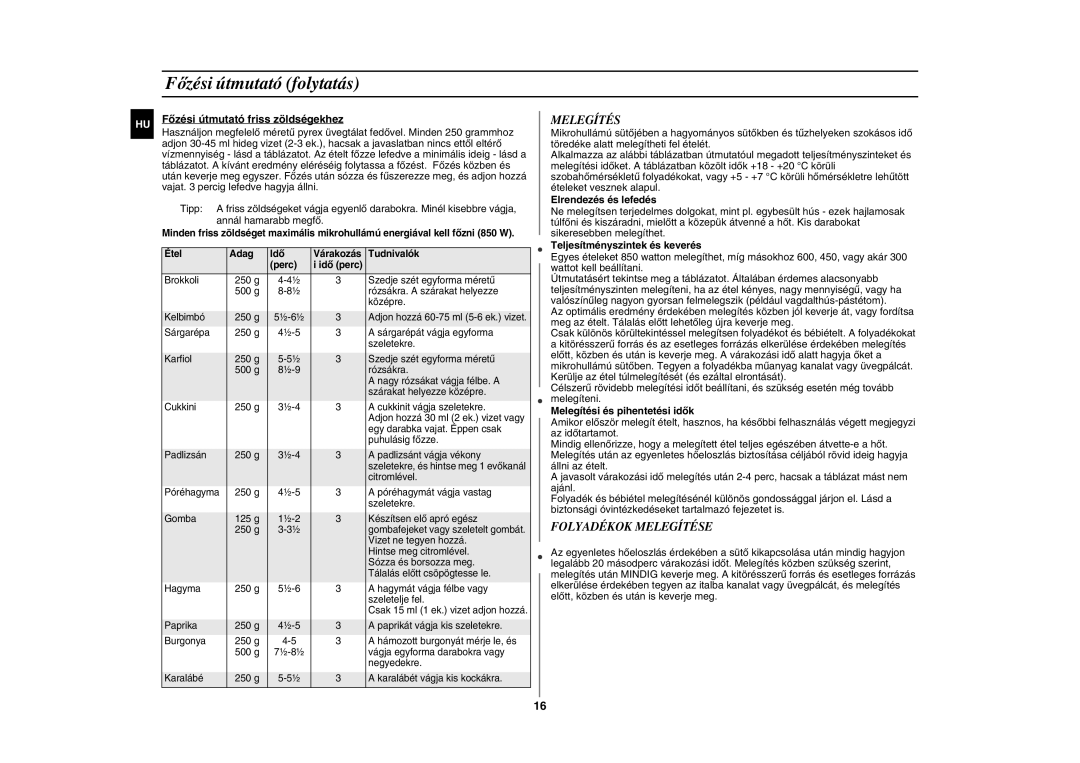 Samsung GE86N-B/XEH manual Főzési útmutató folytatás, Folyadékok Melegítése 