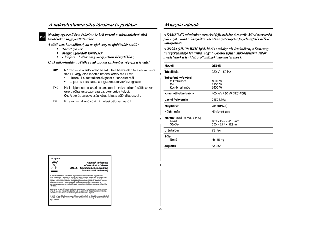 Samsung GE86N-B/XEH manual Mikrohullámú sütő tárolása és javítása, Műszaki adatok, Zajszint 