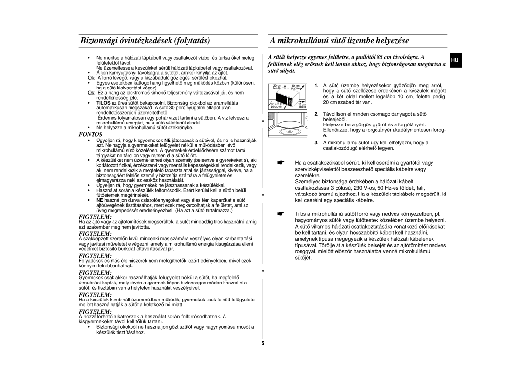 Samsung GE86N-B/XEH manual Biztonsági óvintézkedések folytatás, Mikrohullámú sütő üzembe helyezése, Fontos, Figyelem 