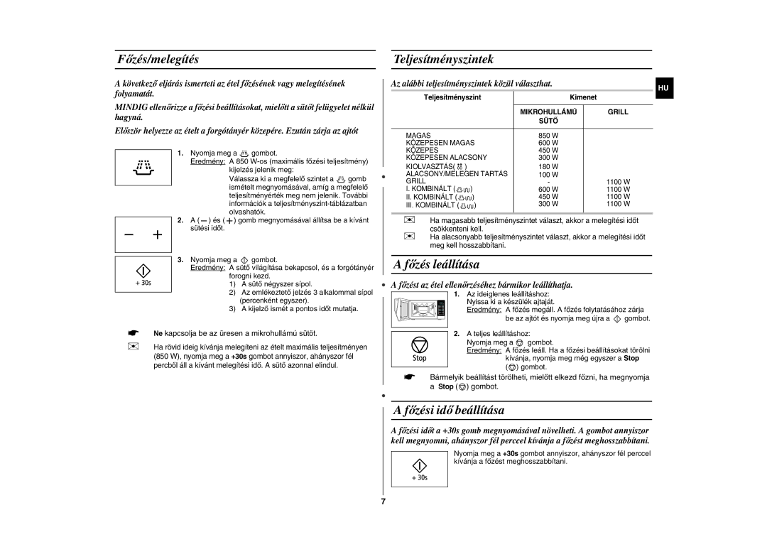 Samsung GE86N-B/XEH manual Főzés/melegítés, Teljesítményszintek, Főzés leállítása, Főzési idő beállítása 