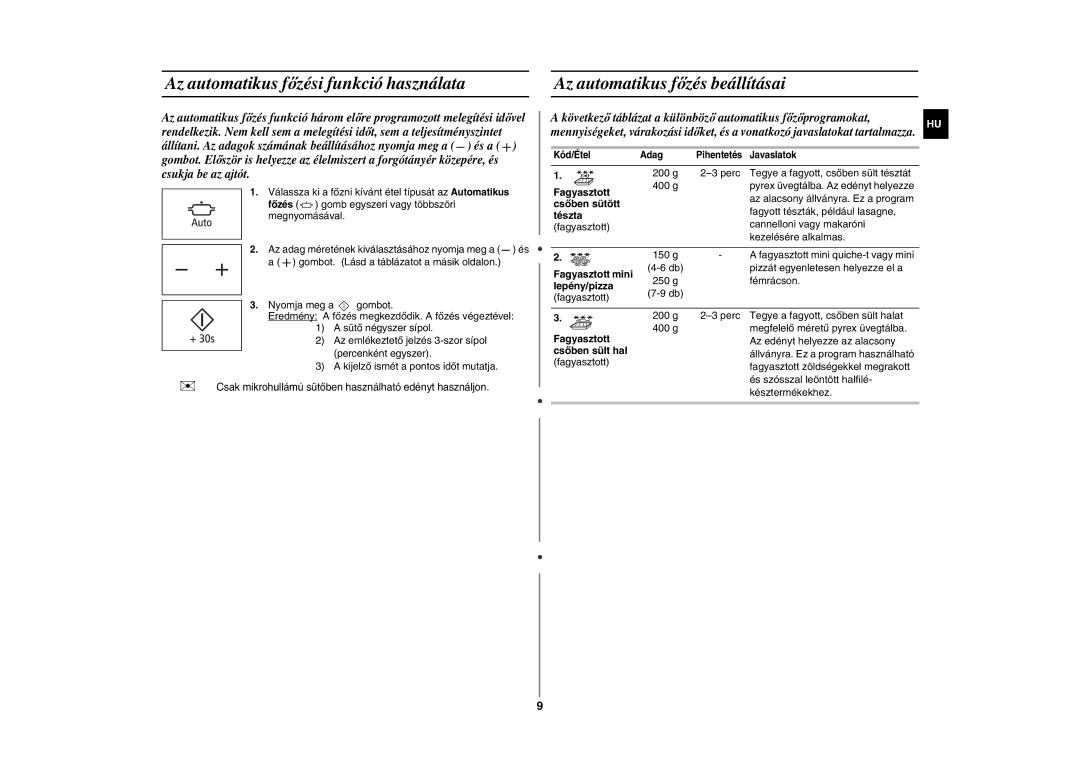 Samsung GE86N-B/XEH manual Az automatikus főzési funkció használata, Az automatikus főzés beállításai 