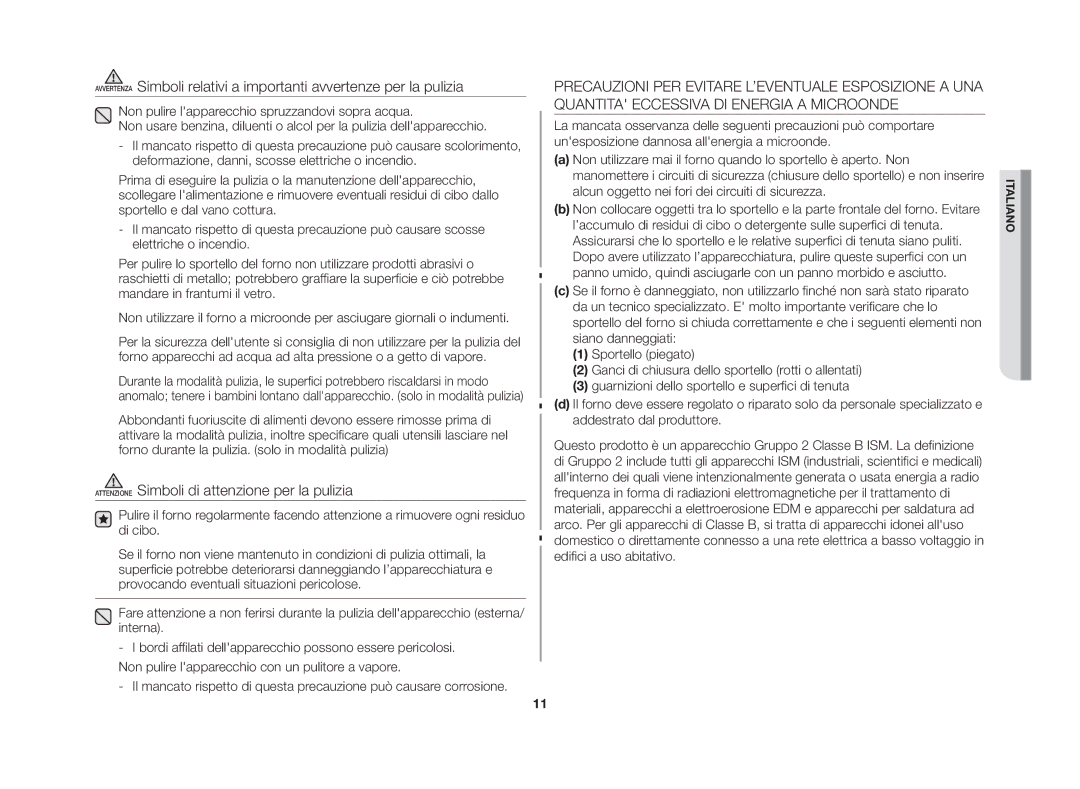 Samsung GE86N-S/XET, GE86N-B/XET manual Attenzione Simboli di attenzione per la pulizia 