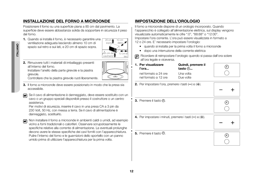 Samsung GE86N-B/XET, GE86N-S/XET manual Installazione del forno a microonde, Impostazione dell’orologio 