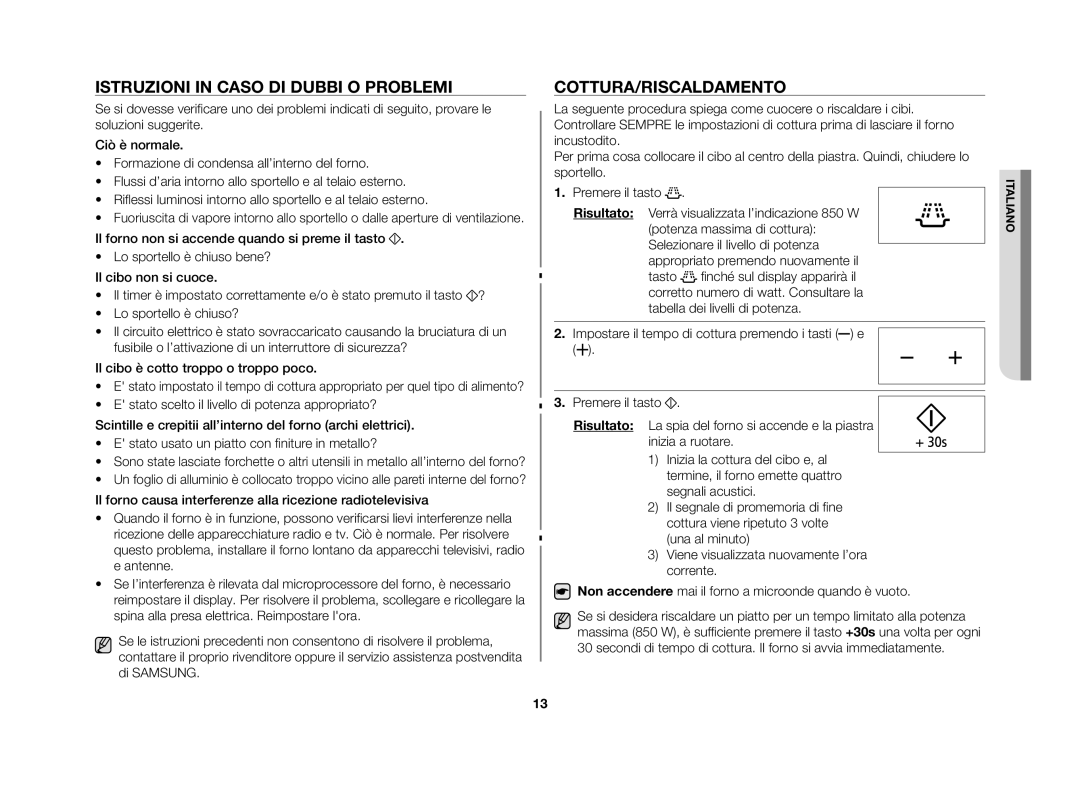 Samsung GE86N-S/XET, GE86N-B/XET manual Istruzioni in caso di dubbi o problemi, Cottura/Riscaldamento 