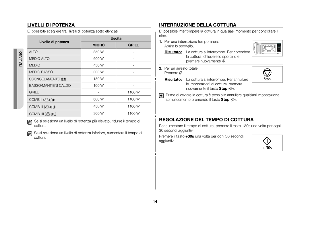 Samsung GE86N-B/XET, GE86N-S/XET Livelli di potenza, Interruzione della cottura, Regolazione del tempo di cottura, Uscita 