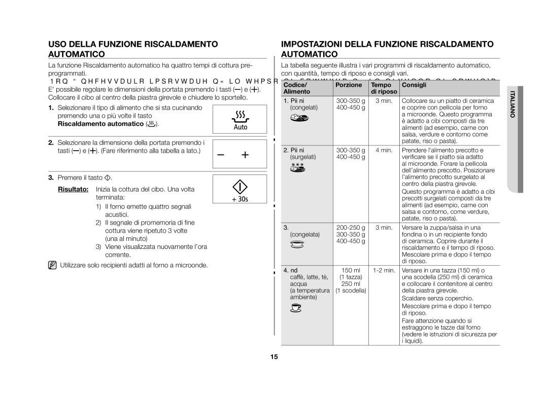 Samsung GE86N-S/XET Uso della funzione riscaldamento automatico, Impostazioni della funzione riscaldamento automatico 