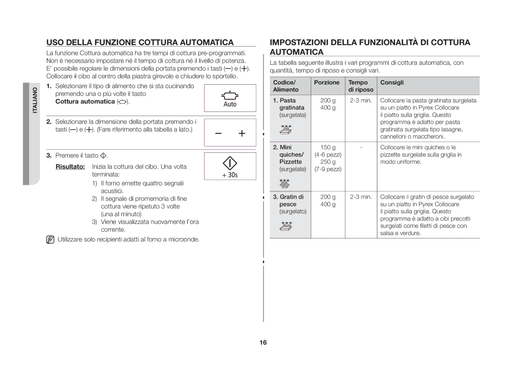 Samsung GE86N-B/XET manual Uso della funzione cottura automatica, Impostazioni della funzionalità di cottura automatica 