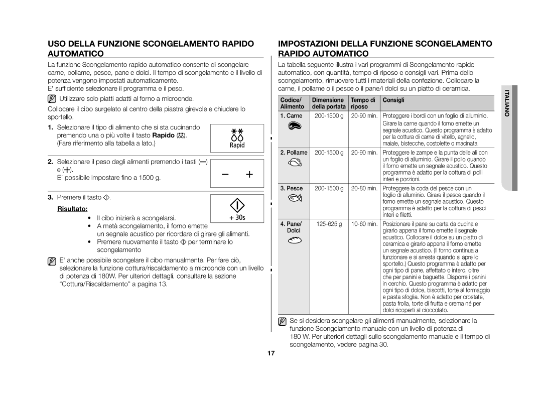 Samsung GE86N-S/XET manual Uso della funzione scongelamento rapido automatico, Codice Dimensione Tempo di Consigli Alimento 