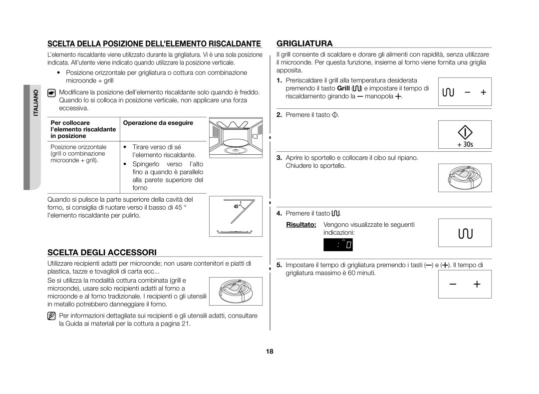 Samsung GE86N-B/XET, GE86N-S/XET Scelta della posizione dell’elemento riscaldante, Scelta degli accessori, Grigliatura 