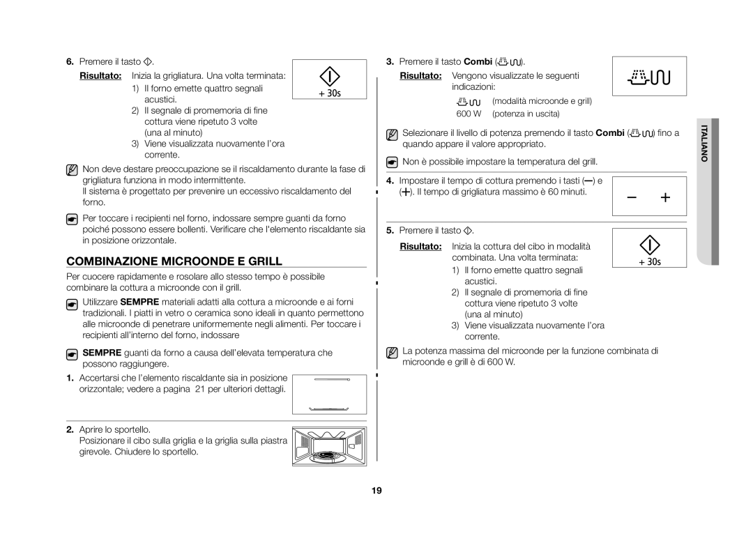 Samsung GE86N-S/XET, GE86N-B/XET manual Combinazione microonde e grill, Modalità microonde e grill 600 W potenza in uscita 