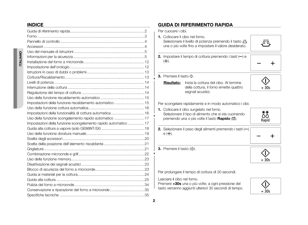 Samsung GE86N-B/XET, GE86N-S/XET manual Indice, Guida di riferimento rapida 