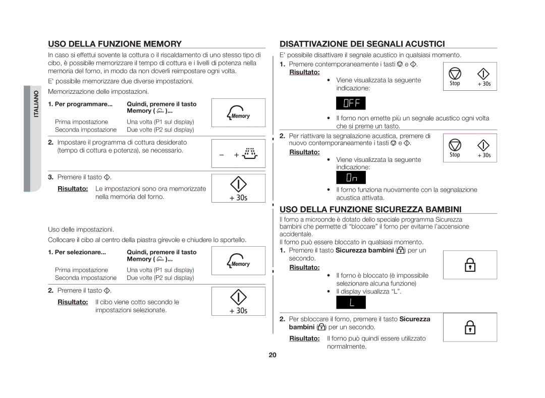 Samsung GE86N-B/XET Uso della funzione memory, Disattivazione dei segnali acustici, Uso della funzione Sicurezza bambini 