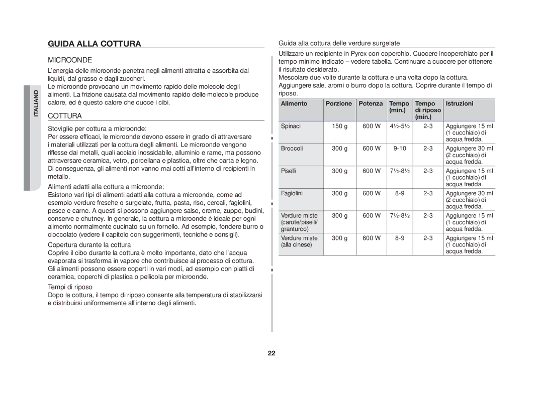 Samsung GE86N-B/XET, GE86N-S/XET Guida alla cottura, Microonde, Cottura, Alimento Porzione Potenza Tempo Istruzioni Min 