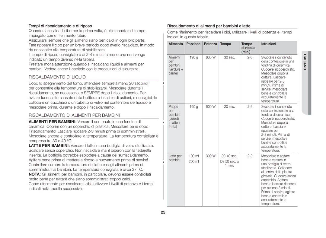 Samsung GE86N-S/XET, GE86N-B/XET manual Riscaldamento DI Liquidi, Riscaldamento DI Alimenti PER Bambini 