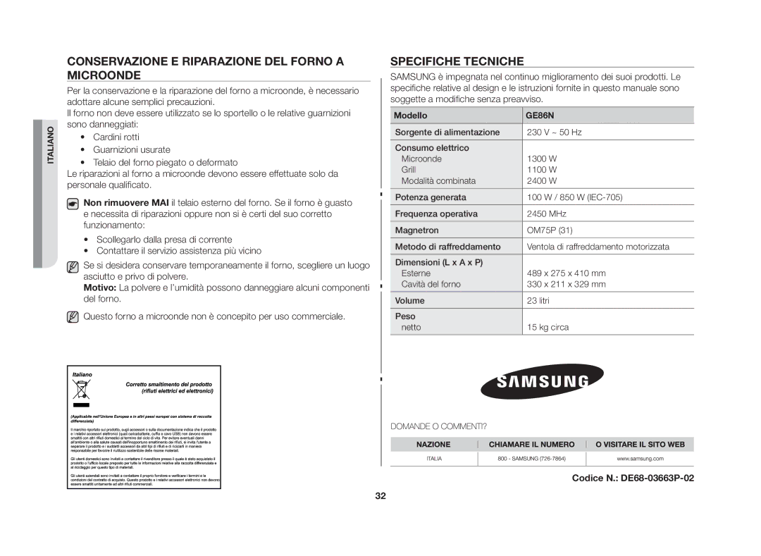 Samsung GE86N-B/XET, GE86N-S/XET manual Conservazione e riparazione del forno a microonde, Specifiche tecniche, Modello 