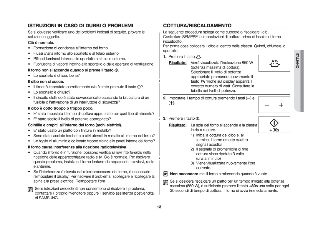 Samsung GE86N-S/XET, GE86N-B/XET manual Istruzioni in caso di dubbi o problemi, Cottura/Riscaldamento 