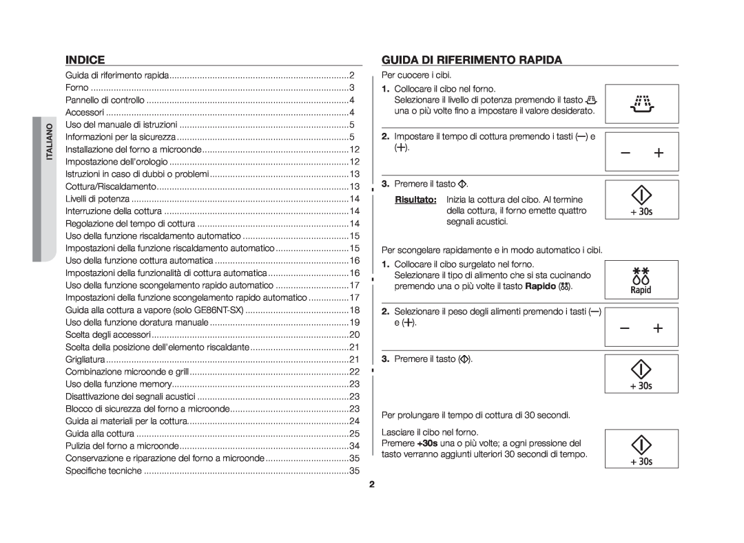 Samsung GE86N-B/XET manual indice, Guida di riferimento rapida, Per cuocere i cibi 1. Collocare il cibo nel forno, Italiano 