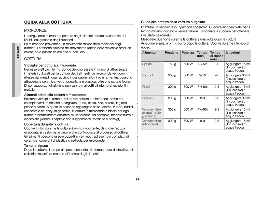 Samsung GE86N-B/XET, GE86N-S/XET manual Guida alla cottura, Microonde, Cottura 