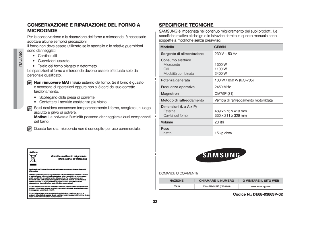 Samsung GE86N-B/XET manual Conservazione e riparazione del forno a microonde, Specifiche tecniche, Codice N. DE68-03663P-02 