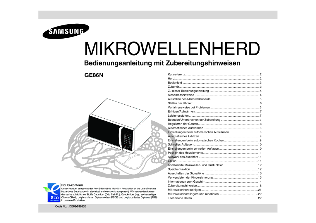 Samsung GE86N-S/XSG, GE86N-S/XEG manual Mikrowellenherd, Code No. DE68-03663E 