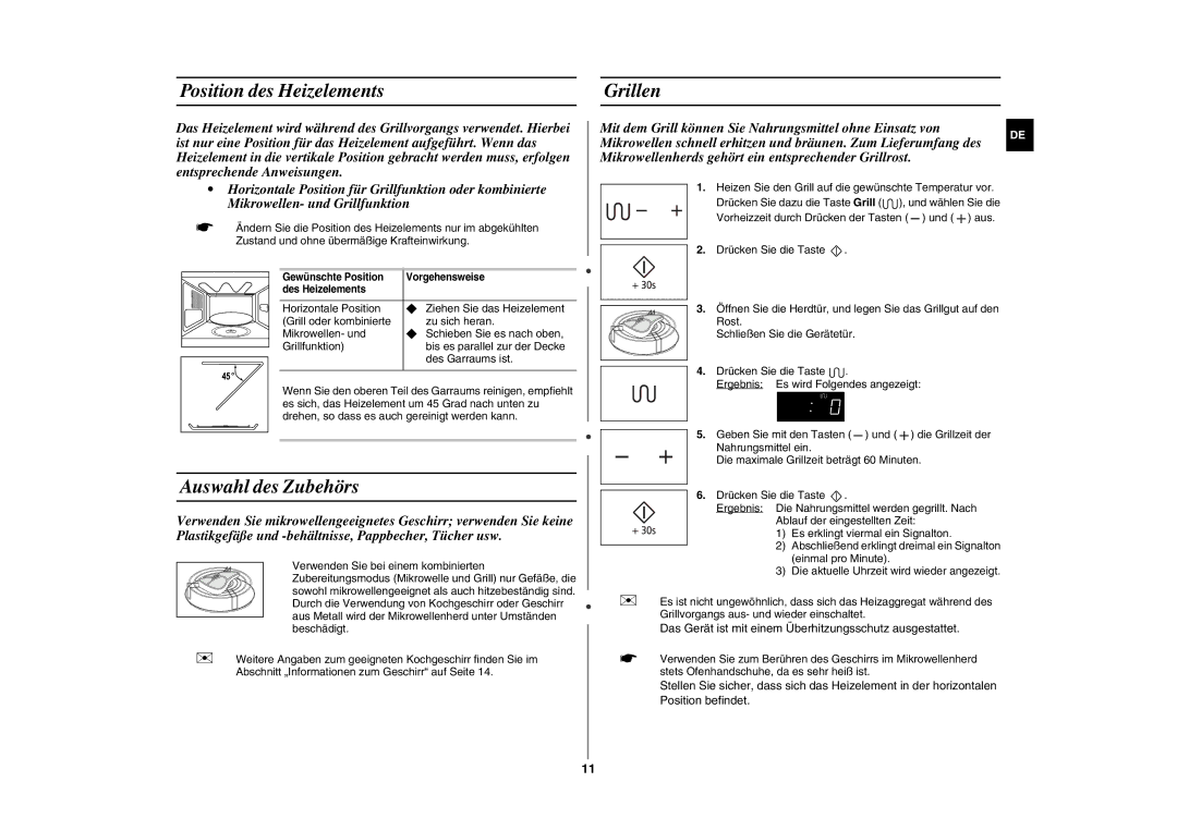 Samsung GE86N-S/XSG, GE86N-S/XEG manual Position des Heizelements Grillen, Auswahl des Zubehörs 