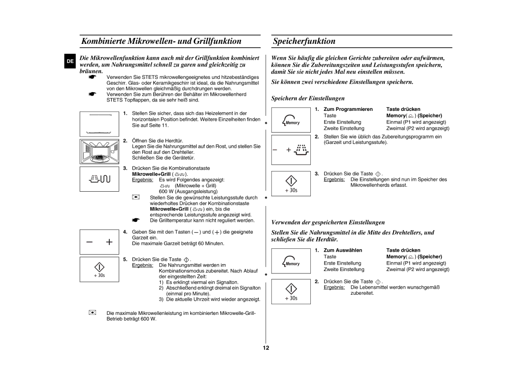 Samsung GE86N-S/XEG manual Kombinierte Mikrowellen- und Grillfunktion Speicherfunktion, Mikrowelle+Grill, Memory Speicher 