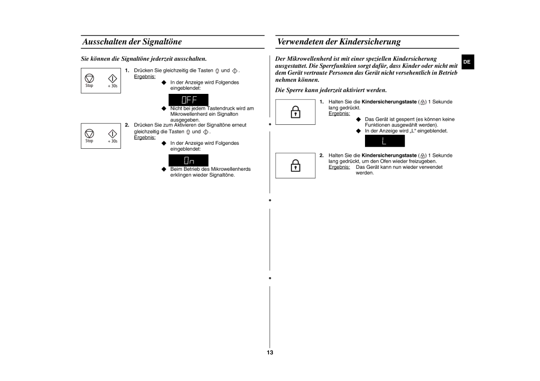 Samsung GE86N-S/XSG, GE86N-S/XEG manual Ausschalten der Signaltöne, Verwendeten der Kindersicherung 