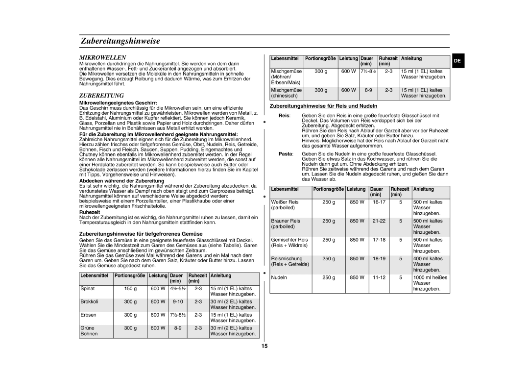 Samsung GE86N-S/XSG, GE86N-S/XEG manual Zubereitungshinweise, Mikrowellen 