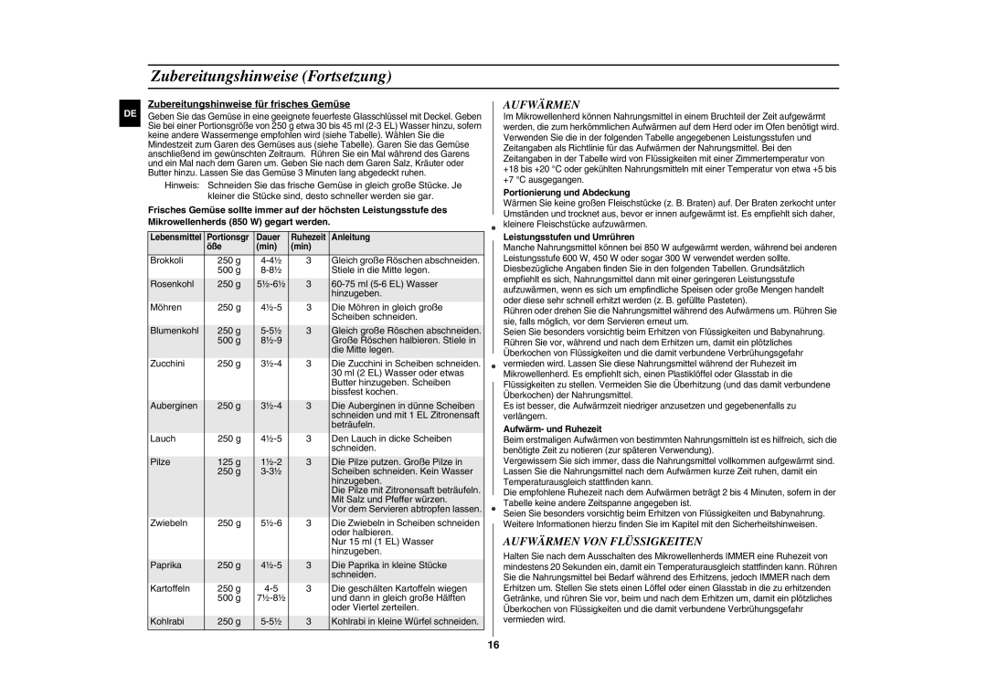 Samsung GE86N-S/XEG, GE86N-S/XSG manual Zubereitungshinweise Fortsetzung, Aufwärmen VON Flüssigkeiten 