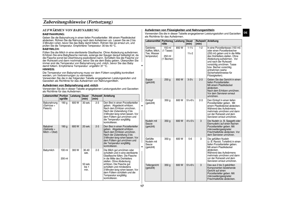 Samsung GE86N-S/XSG, GE86N-S/XEG manual Aufwärmen VON Babynahrung, Babymilch, Hinweis 