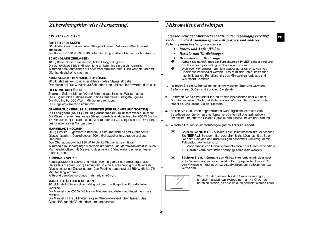 Samsung GE86N-S/XSG, GE86N-S/XEG manual Mikrowellenherd reinigen, Spezielle Tipps 