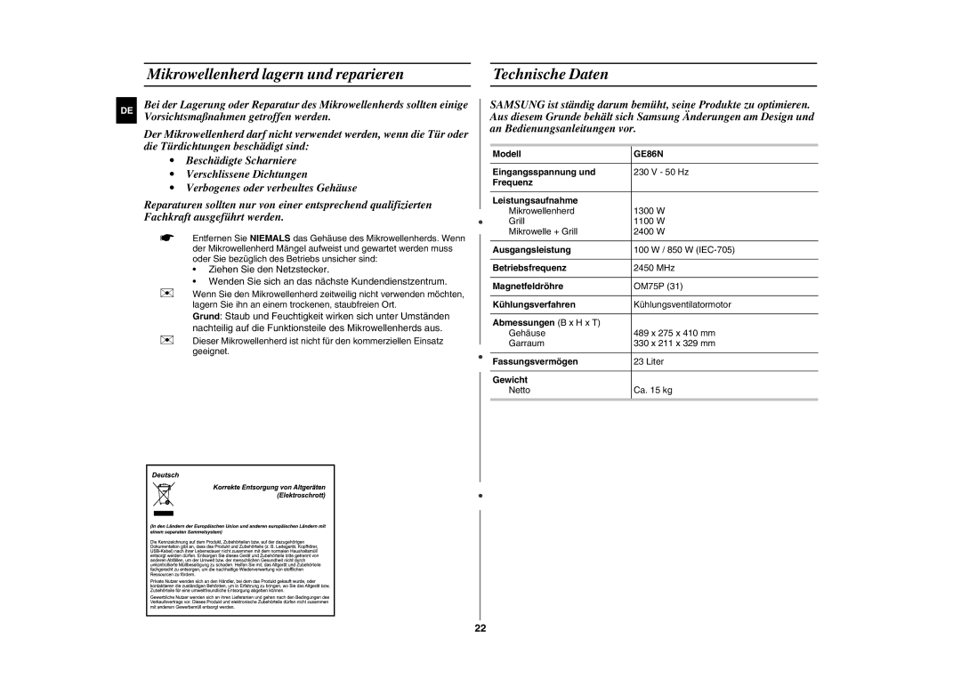 Samsung GE86N-S/XEG, GE86N-S/XSG manual Mikrowellenherd lagern und reparieren, Technische Daten 