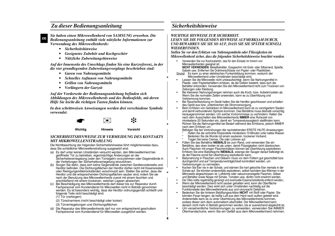 Samsung GE86N-S/XEG, GE86N-S/XSG manual Zu dieser Bedienungsanleitung, Sicherheitshinweise, Wichtig Hinweis Vorsicht 