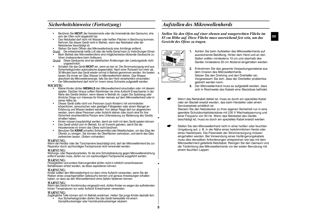 Samsung GE86N-S/XSG, GE86N-S/XEG manual Sicherheitshinweise Fortsetzung, Aufstellen des Mikrowellenherds 