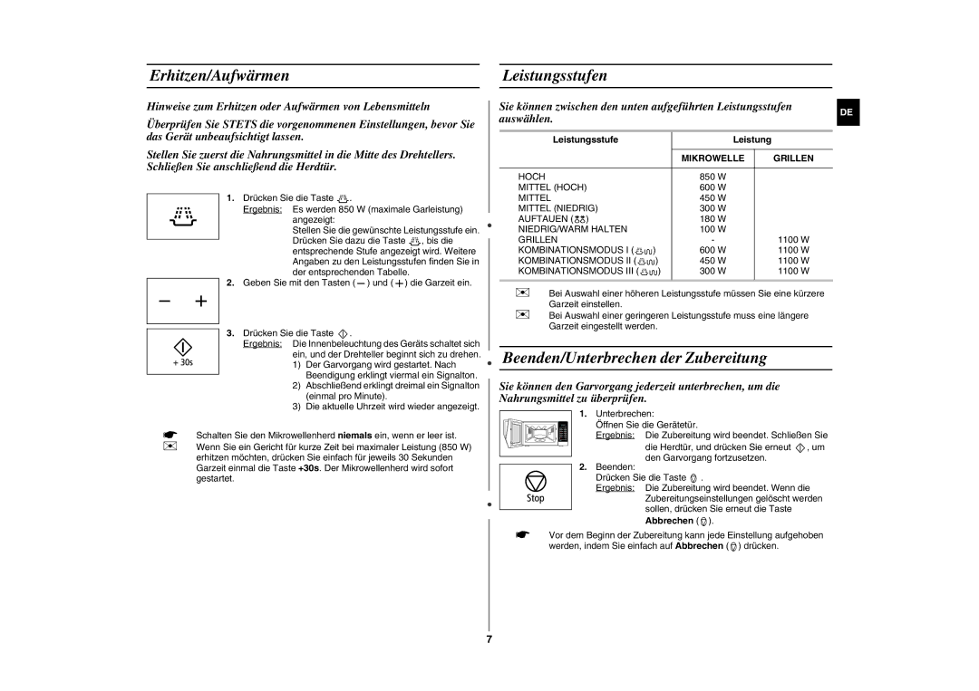 Samsung GE86N-S/XSG manual Erhitzen/Aufwärmen Leistungsstufen, Beenden/Unterbrechen der Zubereitung, Mikrowelle Grillen 