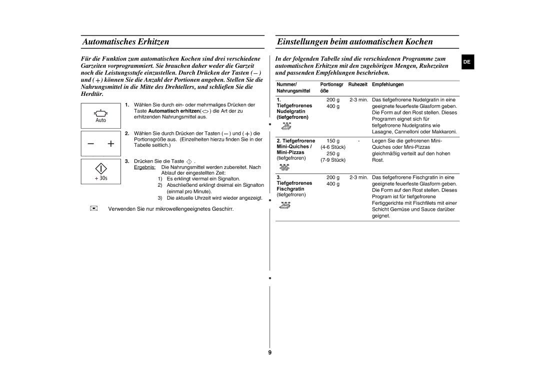 Samsung GE86N-S/XSG, GE86N-S/XEG manual Tiefgefroren 