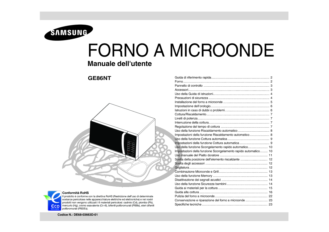 Samsung GE86NT-B/XET manual Impostazioni della funzione Scongelamento rapido automatico, Combinazione Microonde e Grill 