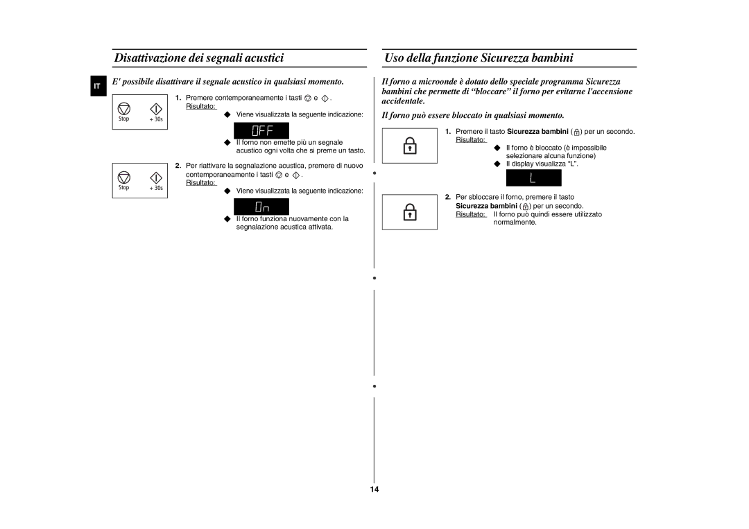 Samsung GE86NT-B/XET manual Disattivazione dei segnali acustici, Uso della funzione Sicurezza bambini 