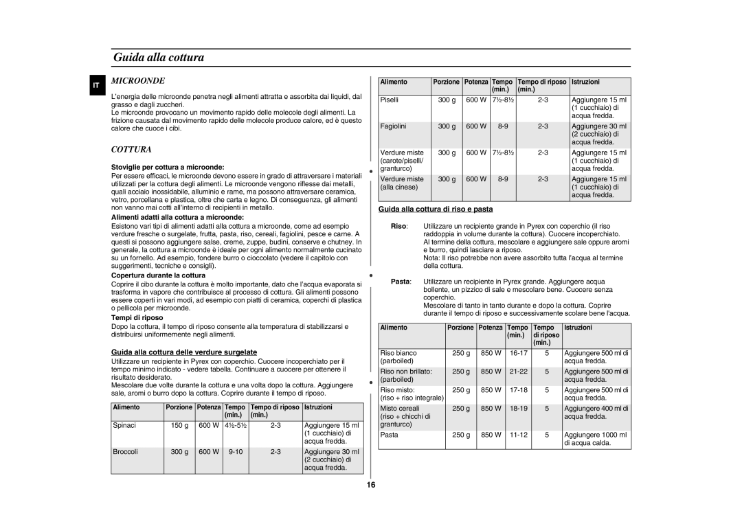 Samsung GE86NT-B/XET manual Guida alla cottura, Microonde, Cottura 